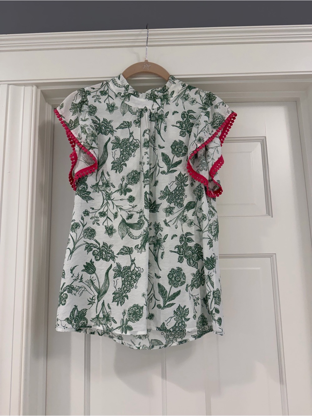 THML White Floral Blouse with Green Print and Pink Trim